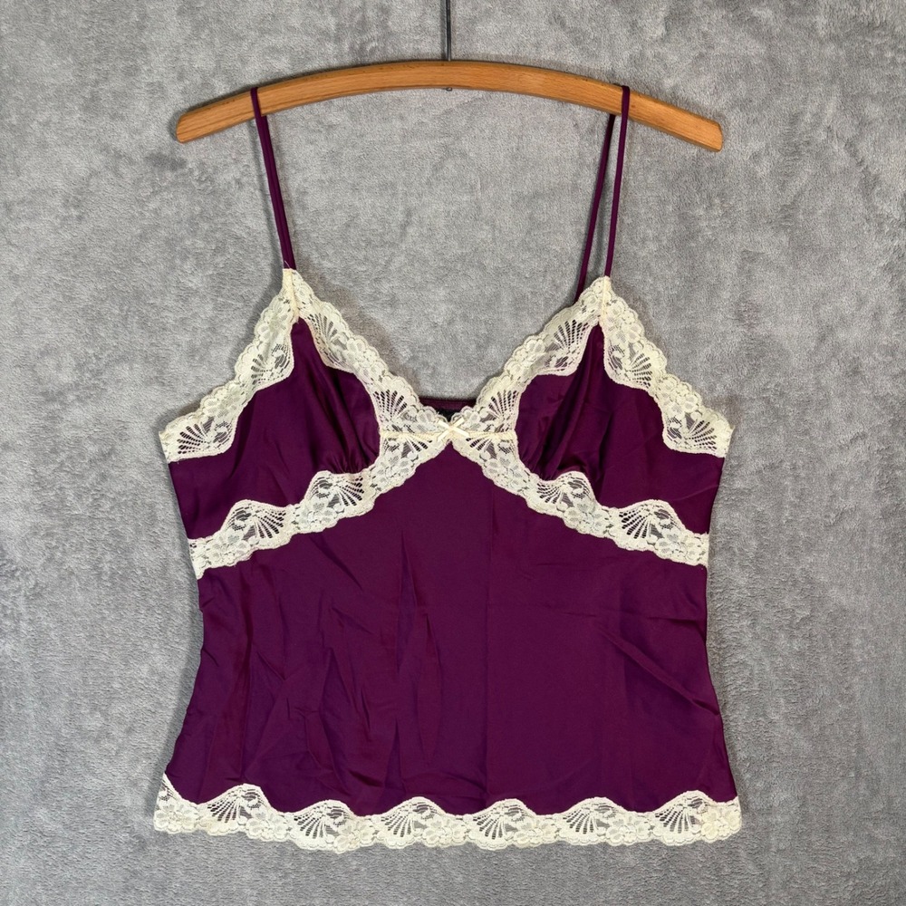 Susan Lucci Purple Satin Lace Trim Cami Lingerie Babydoll Top Plum Cream Bow Y2K